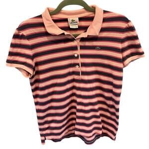 Lacoste Womens Polo Shirt FR 42 US L Pink‎ Striped Preppy Ivy League Tenniscore
